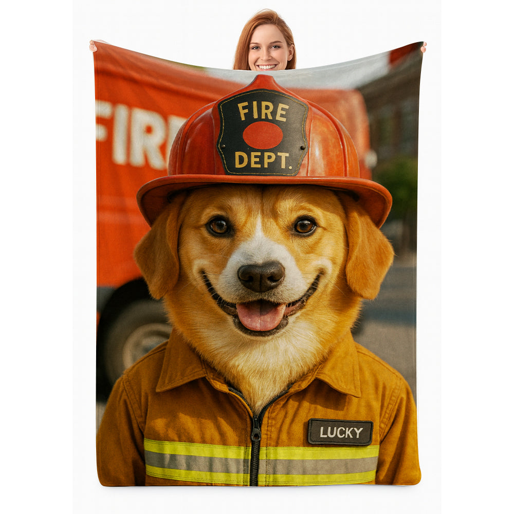 Custom Photo Fire Fighter Dog BlanketGift For Dog Lovers
