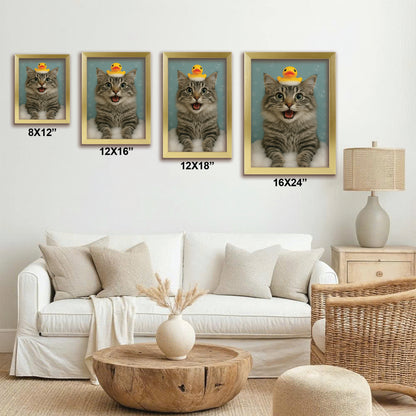 Custom Photo Cat In Bathtub With Duck Toy Canvas Framed Wall Art