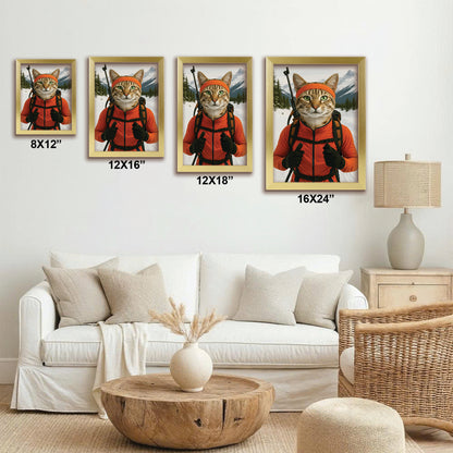 Custom Photo Biathlete Cross Country Skiing Cat Canvas Framed Wall Art Gift For Cat Lovers