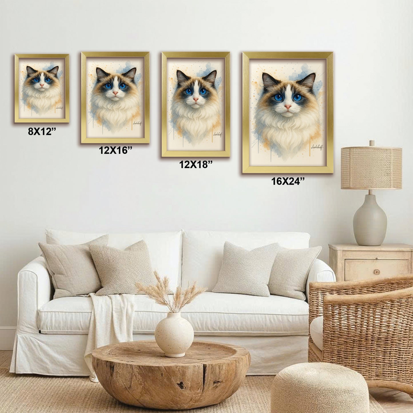 Custom Photo Cat Watercolor Artwork Canvas Framed Wall Art