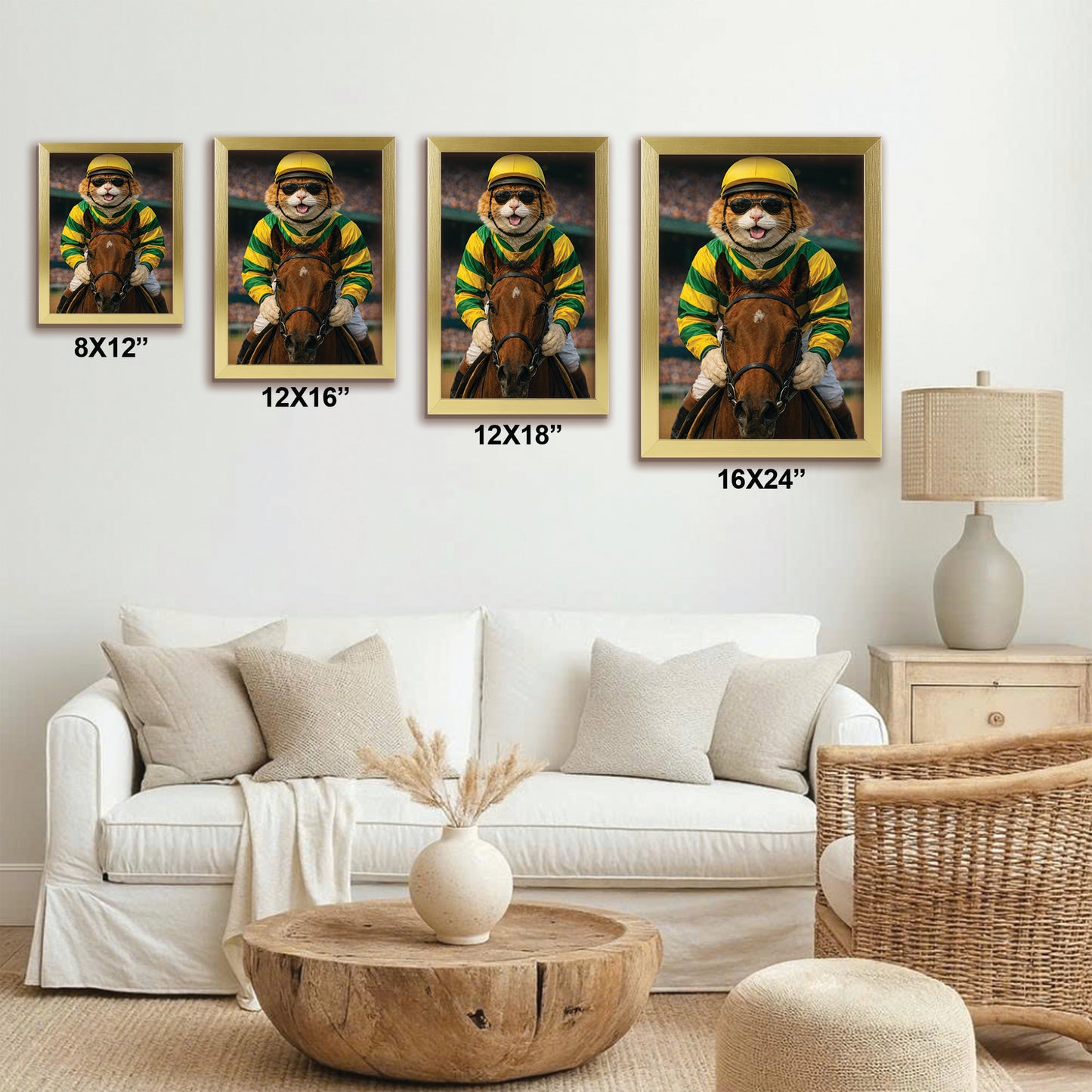 Custom Photo Jockey Horse Racing Cat Canvas Framed Wall Art  Gift For Cat Lovers