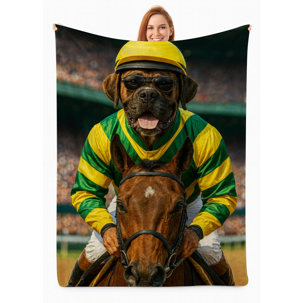 Custom Photo Jockey Horse Racing Dog BlanketGift For Dog Lovers