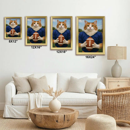 Custom Photo Football Player Cat Canvas Framed Wall Art  Gift For Cat Lovers