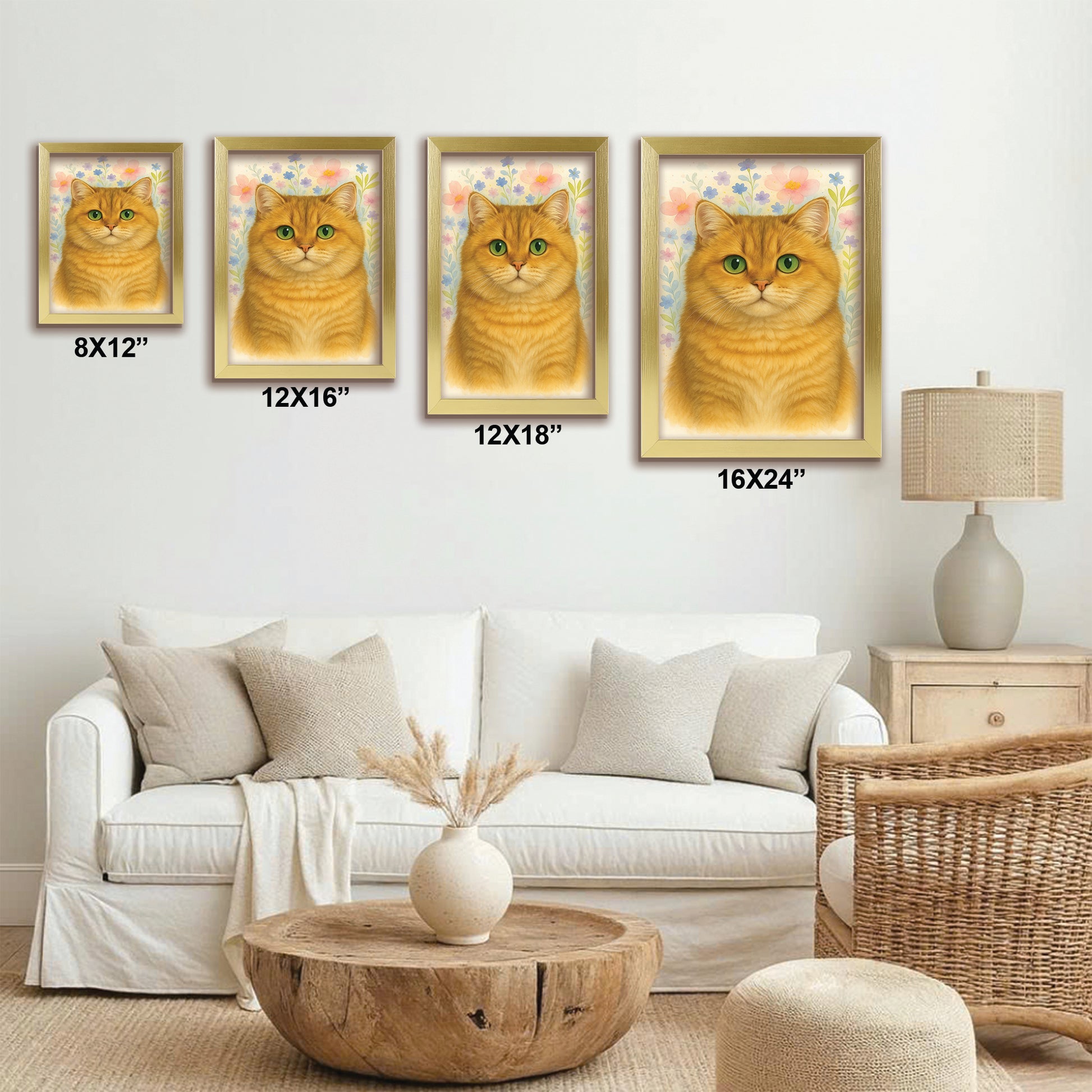 Custom Photo Cat Floral Watercolor Art Canvas Framed Wall Art