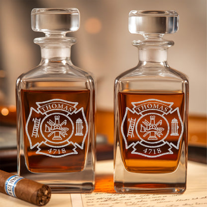 Personalized Firefighter Decanter Set – Custom Fire Dept Name & Number Engraved Whiskey Gift