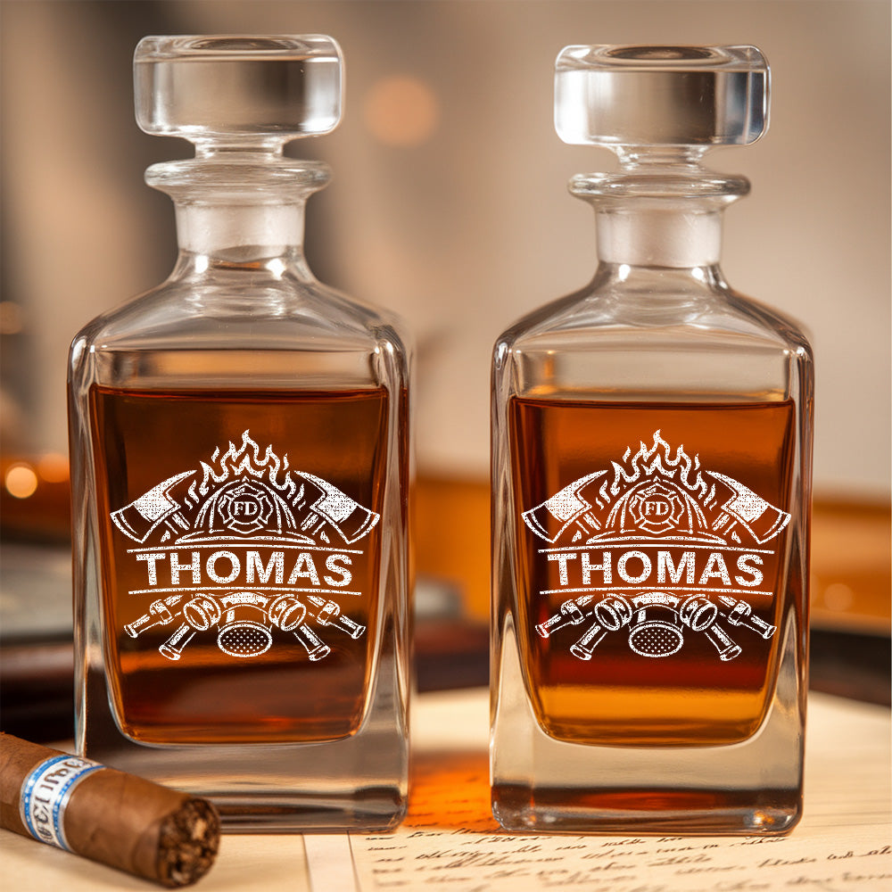 Engraved Firefighter Whiskey Set, Custom Name Decanter & Glass Gift for Heroes