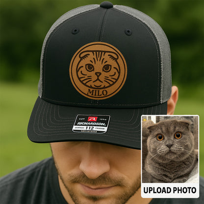 Custom Cat Photo Trucker Hat | Personalized Pet Patch Leather Patch Hat | Cat Memorial Gift TNGANSP029