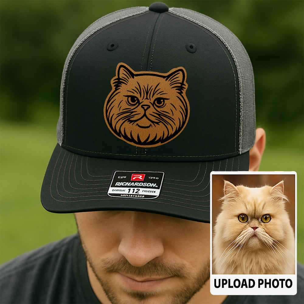 Custom Pet Photo Trucker Hat – Personalized Leather Patch Hat – Cat Portrait Gift – Custom Pet Face Hat P99A12