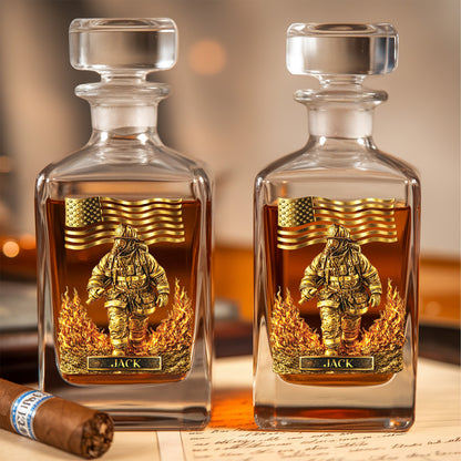 Personalized Firefighter Decanter Set – Gold Fireman & American Flag Custom Whiskey Gift