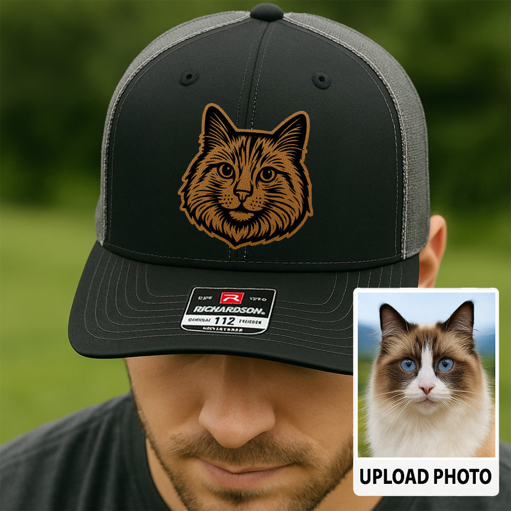 Custom Pet Photo Trucker Hat – Personalized Leather Patch Hat – Cat Portrait Gift – Custom Pet Face Hat P99A13