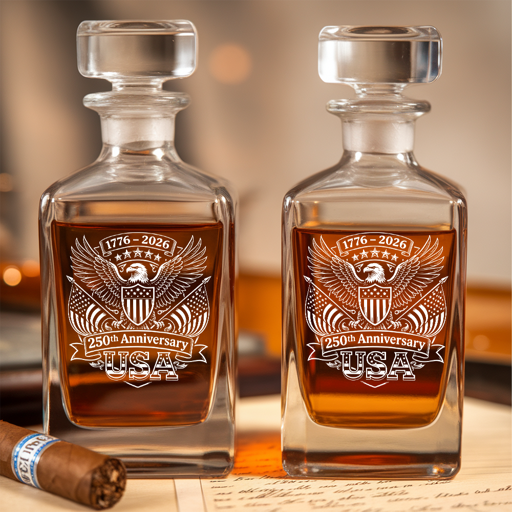 America 1776–2026 250 Years Engraved Whiskey Decanter Set, Patriotic Eagle Bourbon Gift THUC99