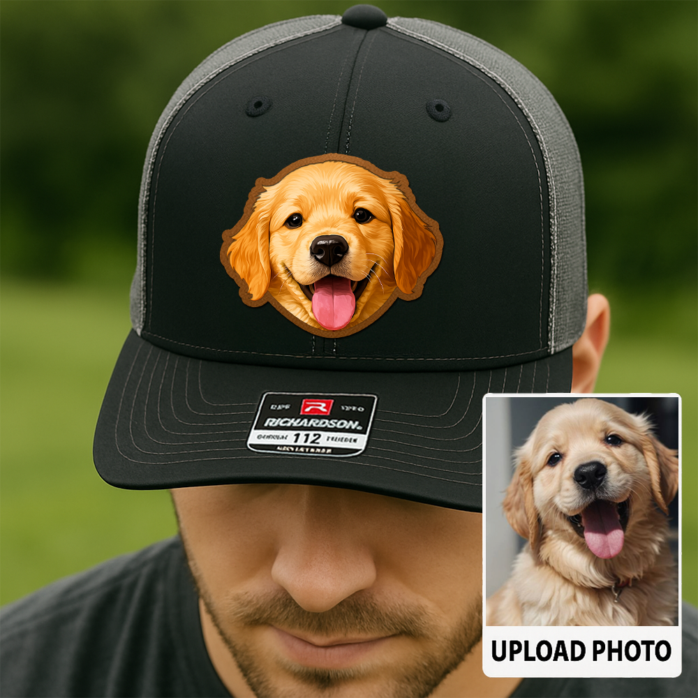 Custom Pet Photo Trucker Hat – Personalized Printed Leather Patch Hat – Dog Dad Gift – Custom Pet Memorial Hat – Pet Photo Printed on Leather Cap TH991