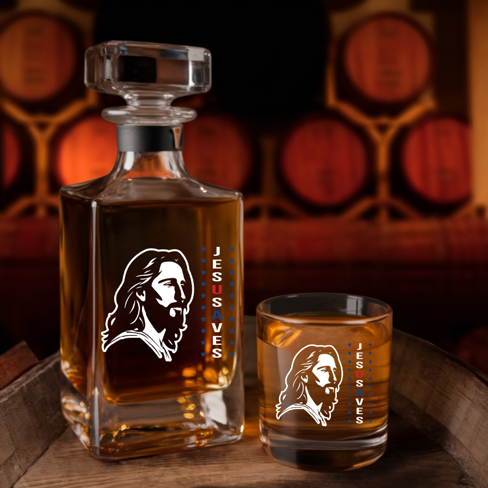 Jesus Saves American Whiskey Decanter - God Bless American Whiskey Glass Gifts - 4th July Gift NGOC99