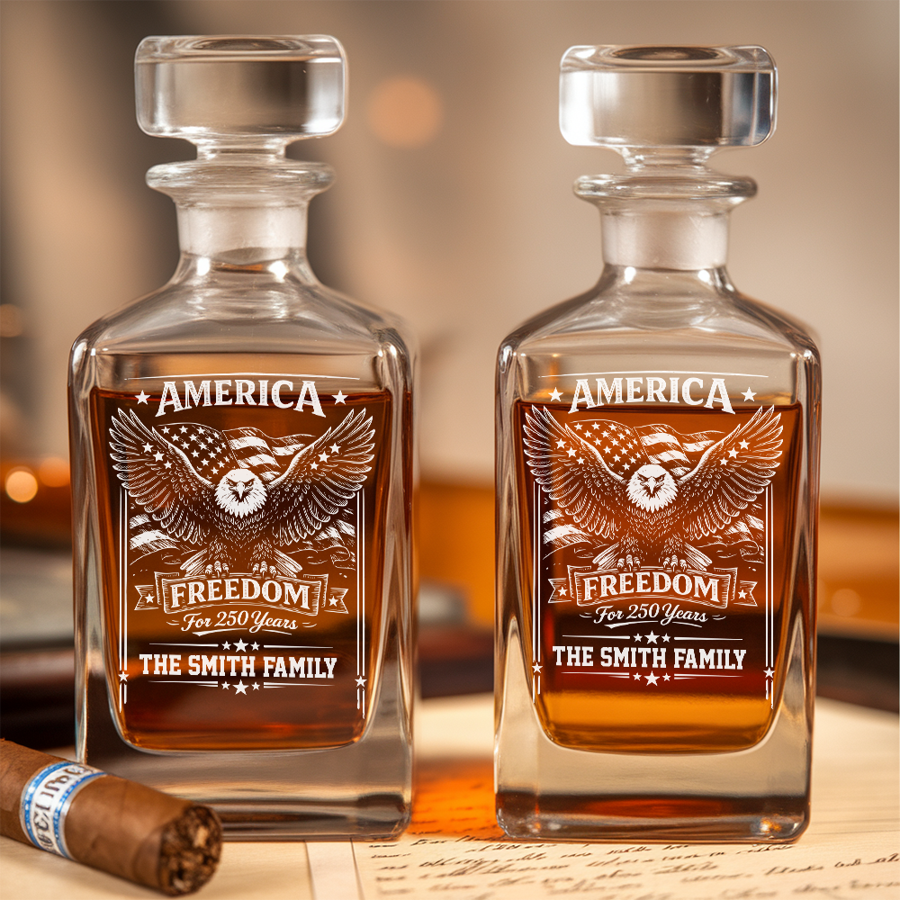 America Freedom 250 Years Engraved Whiskey Decanter Set, Personalized Patriotic Eagle Gift THUC99