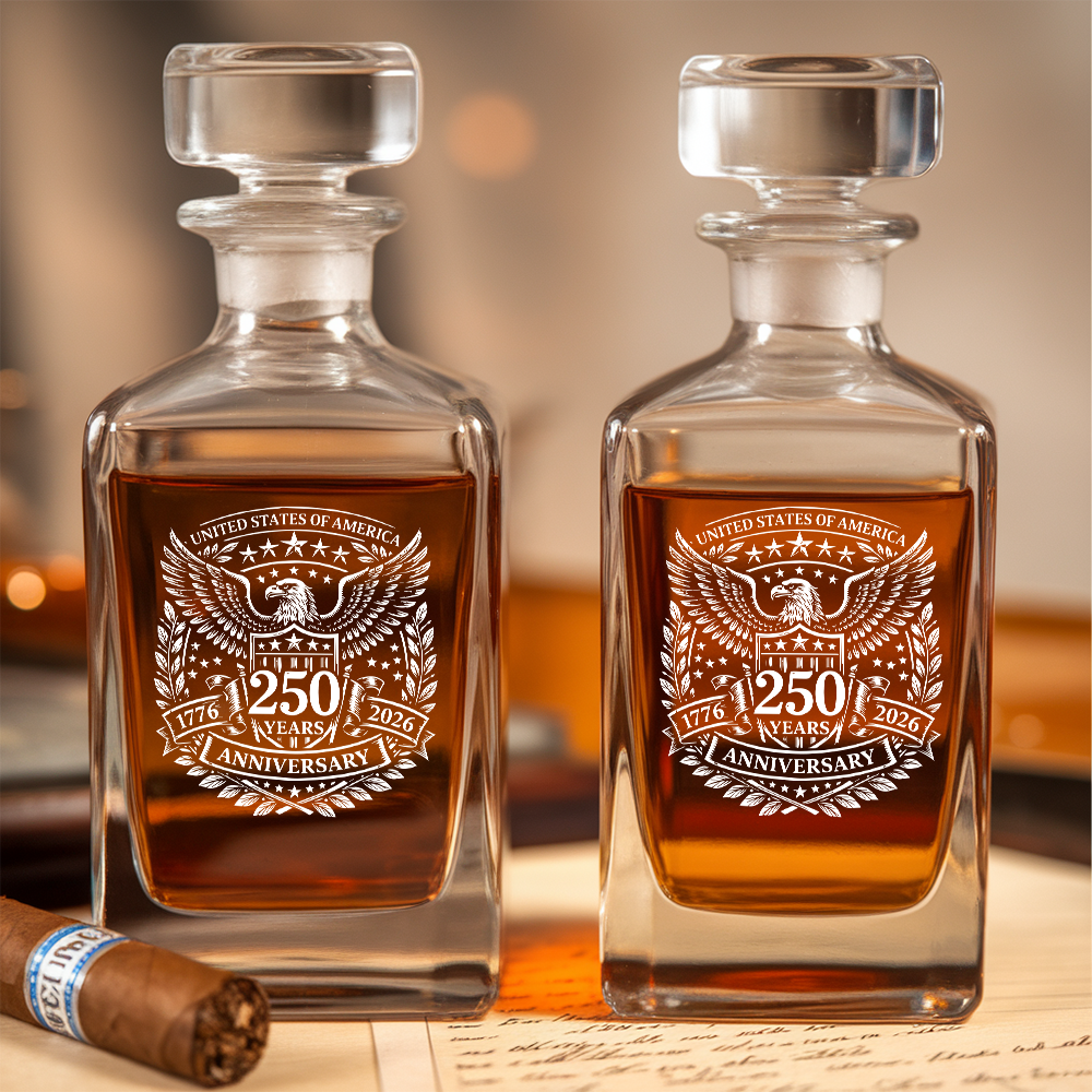 USA 250 Years Anniversary Engraved Whiskey Decanter Set, Patriotic Eagle Bourbon Glassware 1776–2026 THUC99