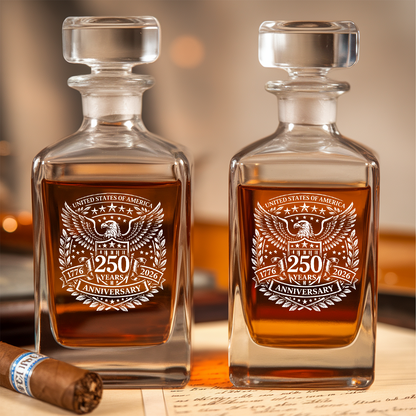 USA 250 Years Anniversary Engraved Whiskey Decanter Set, Patriotic Eagle Bourbon Glassware 1776–2026 THUC99