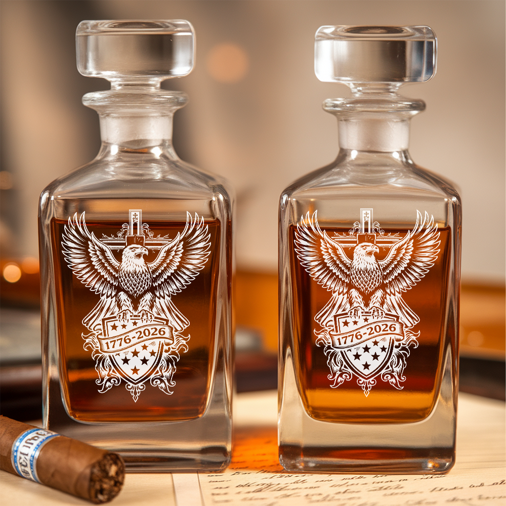 Personalized USA 250th Anniversary Engraved Whiskey Decanter Set, Patriotic Eagle Bourbon Gift 1776–2026 THUC99