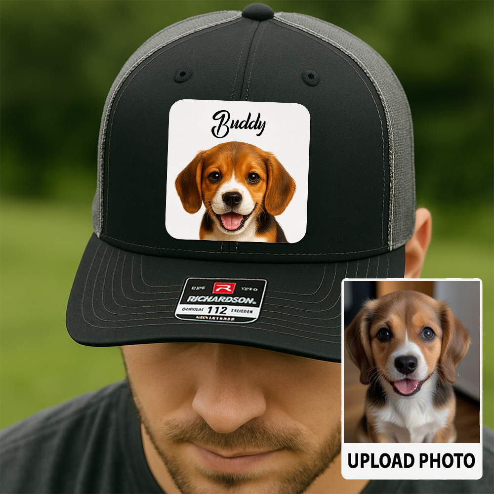 Custom Dog Trucker Cap – Personalized Leather Patch Hat with Printed Pet Face – Gift for Him TH9915