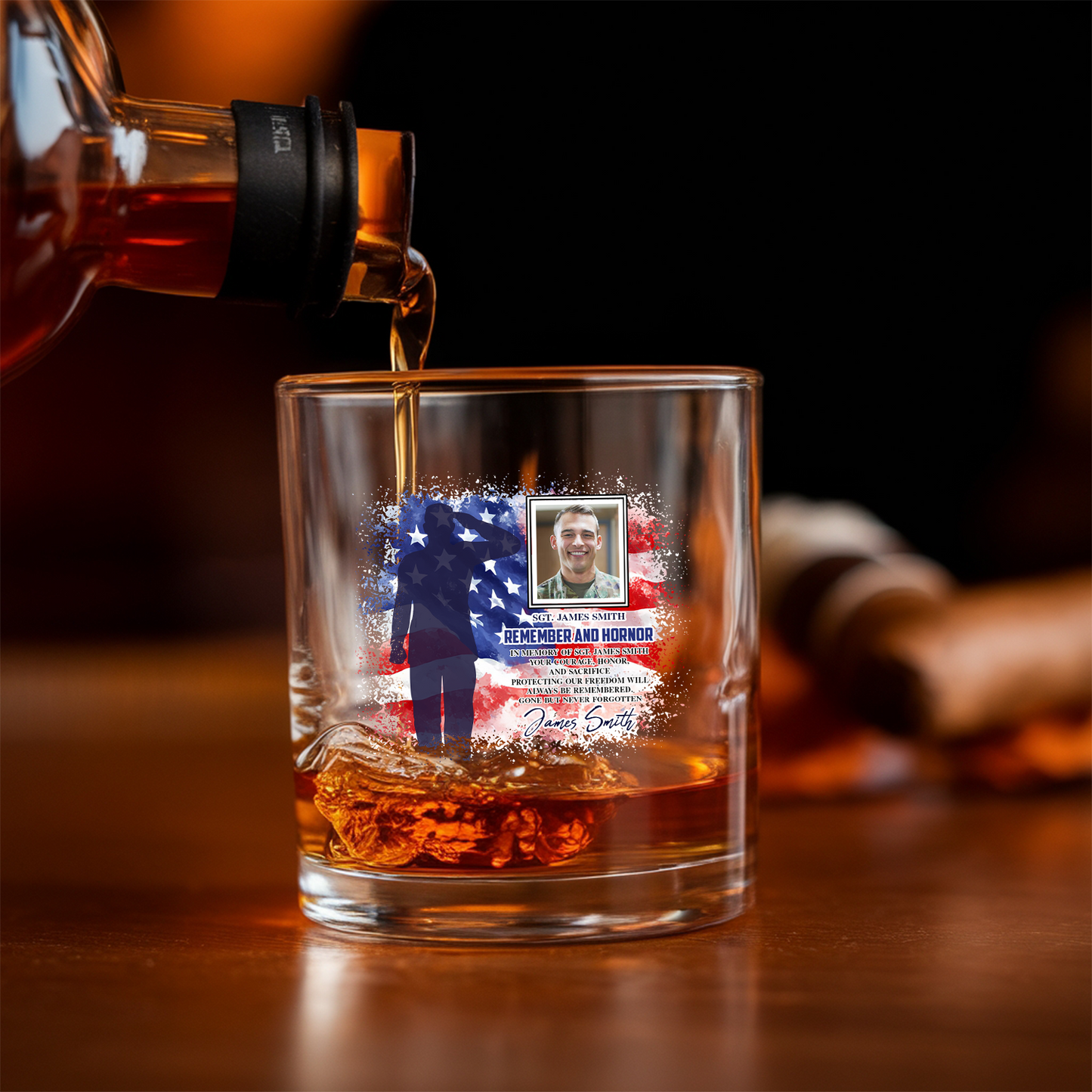 Custom Photo Memorial Military 4th of July Decanter With Whiskey Set, Military Soldier Gift, Patriotic Gift for Veterans, Gift For Independence Day, Veteran Whiskey Glass TND099