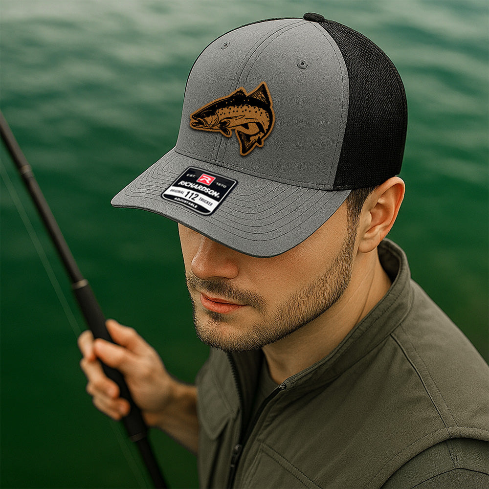Custom Fishing Trucker Hat – Personalized Leather Patch Gift for Fishermen and Dads THUC99MF30