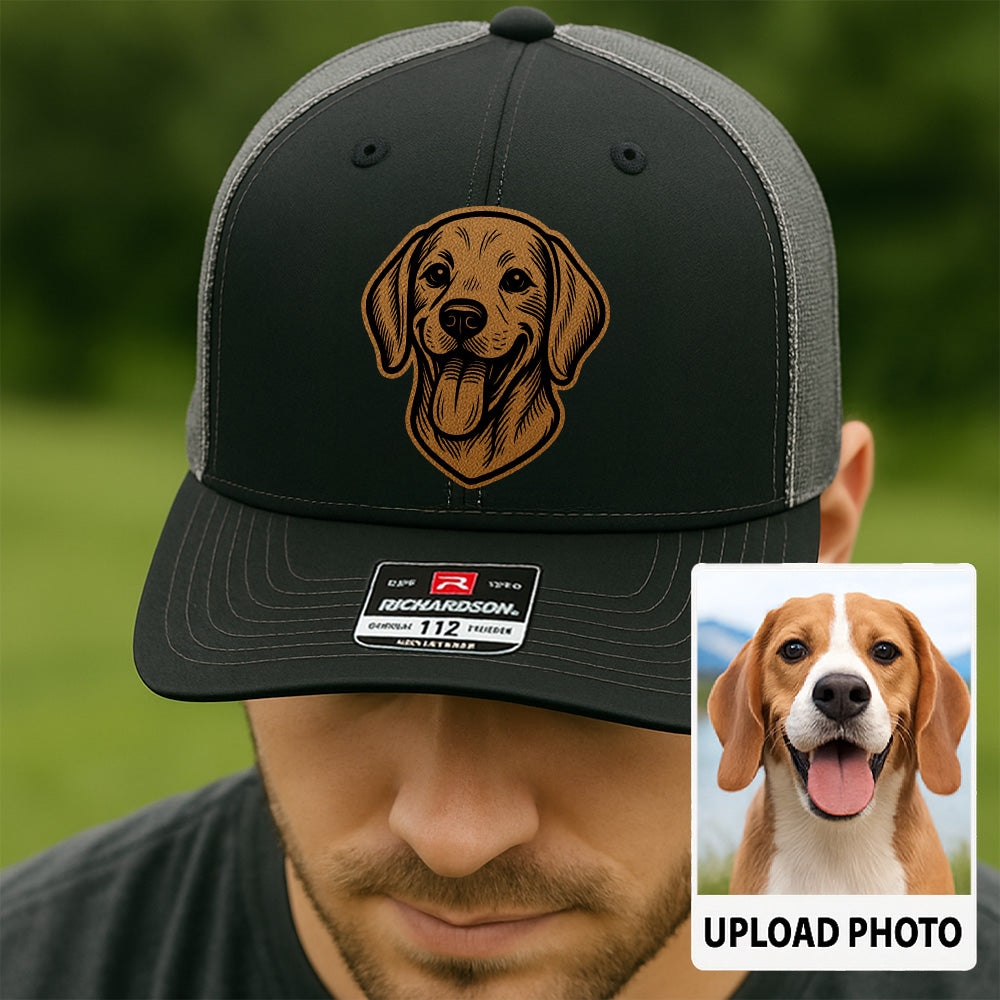 Custom Pet Photo Trucker Hat – Personalized Leather Patch Hat – Dog Portrait Gift – Custom Pet Face Hat P999