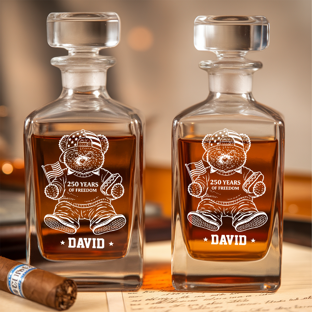 Personalized America 250 Years Engraved Whiskey Decanter Set, Patriotic Teddy Bear Gift 1776–2026 THUC99