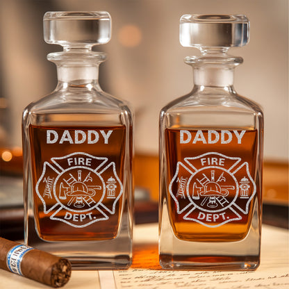 Firefighter Dad Whiskey Decanter Set, Personalized Name Glass Gift for Dad