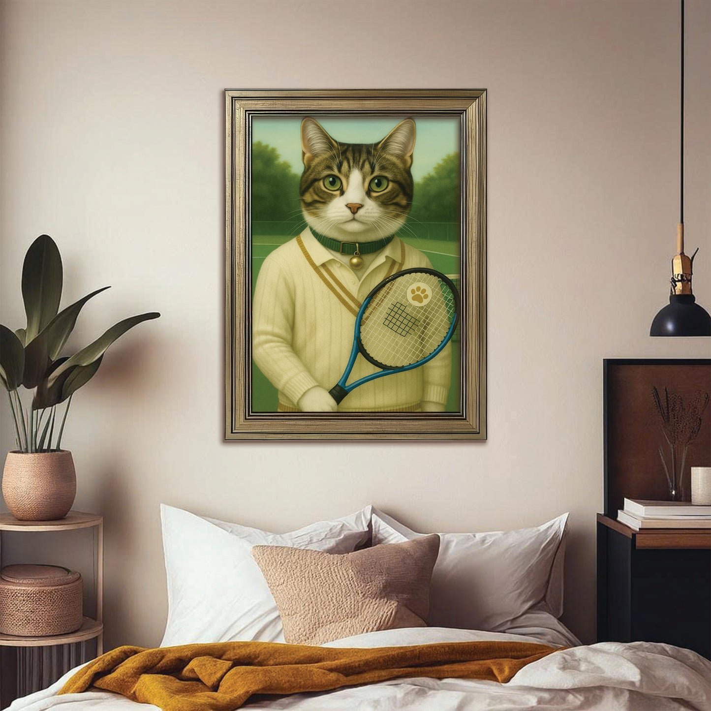 Custom Photo Tennis Player Cat Canvas Framed Wall Art