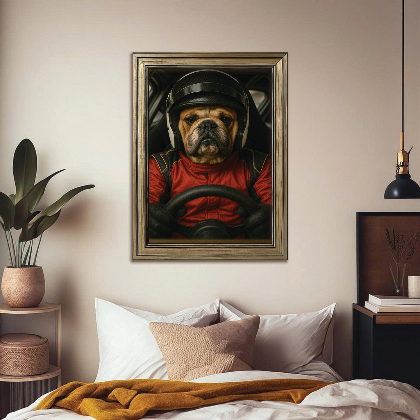 Custom Photo Racing Driver Dog Canvas Framed Wall Art Gift For Dog Lovers