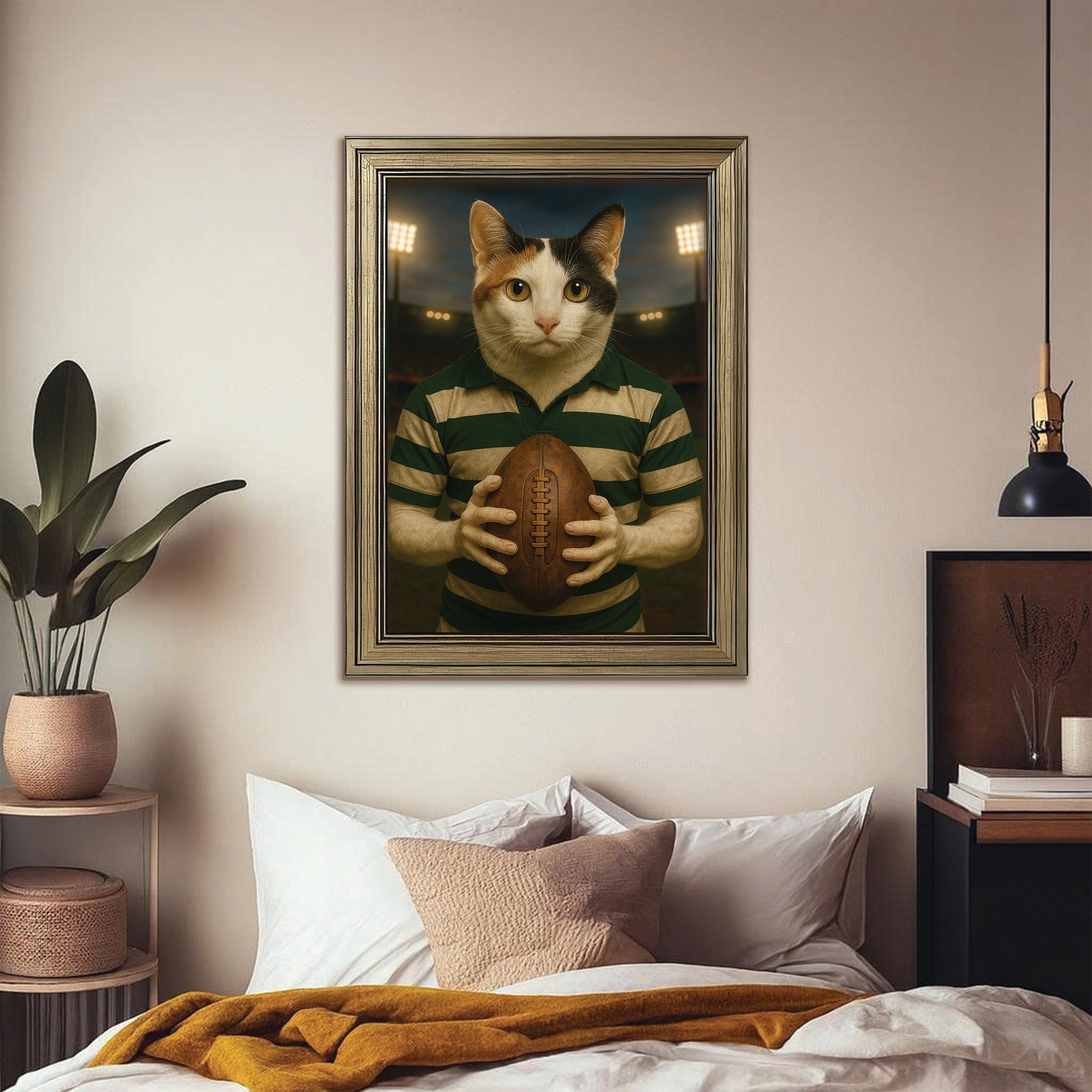 Custom Photo Rugby Player Cat Canvas Framed Wall Art Gift For Cat Lover