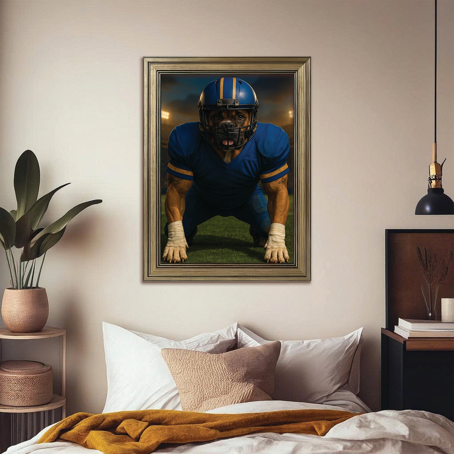 Custom Photo Football Player 2 Dog Canvas Framed Wall Art Gift For Dog Lovers