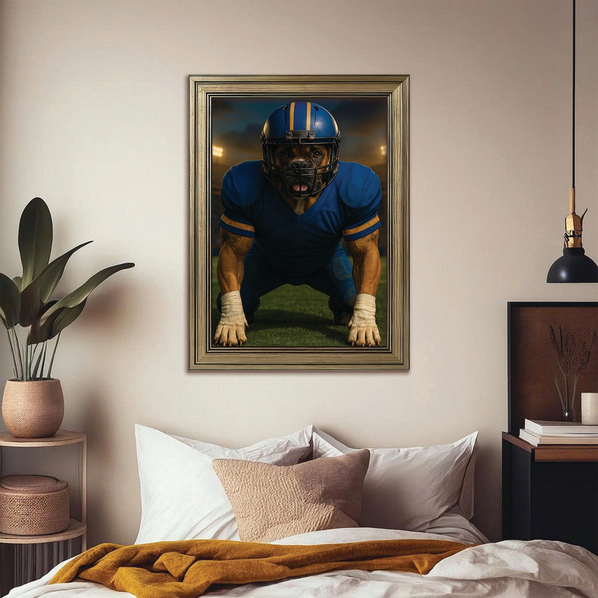Custom Photo Football Player 2 Dog Canvas Framed Wall Art Gift For Dog Lovers