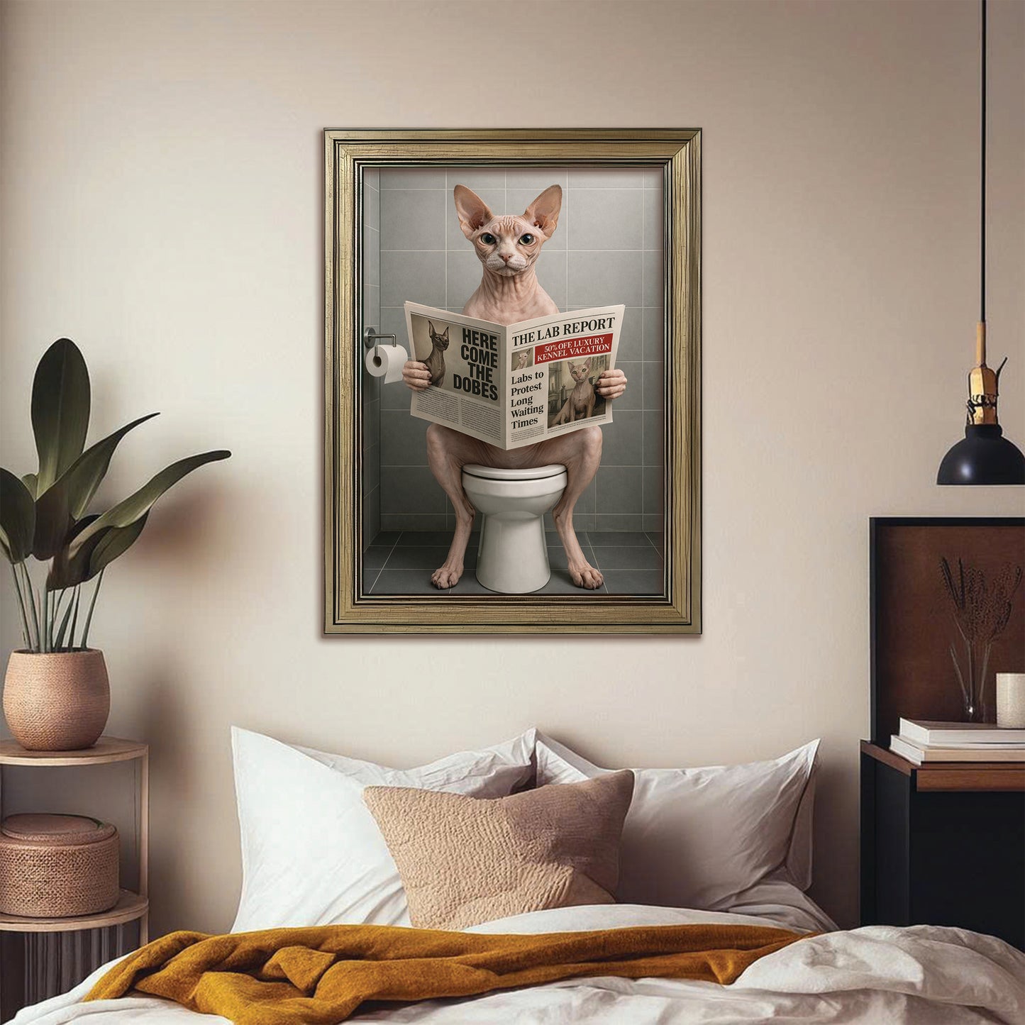 Custom Photo Cat Bathroom Canvas Framed Wall Art Style 03 Gift For Cat Lovers