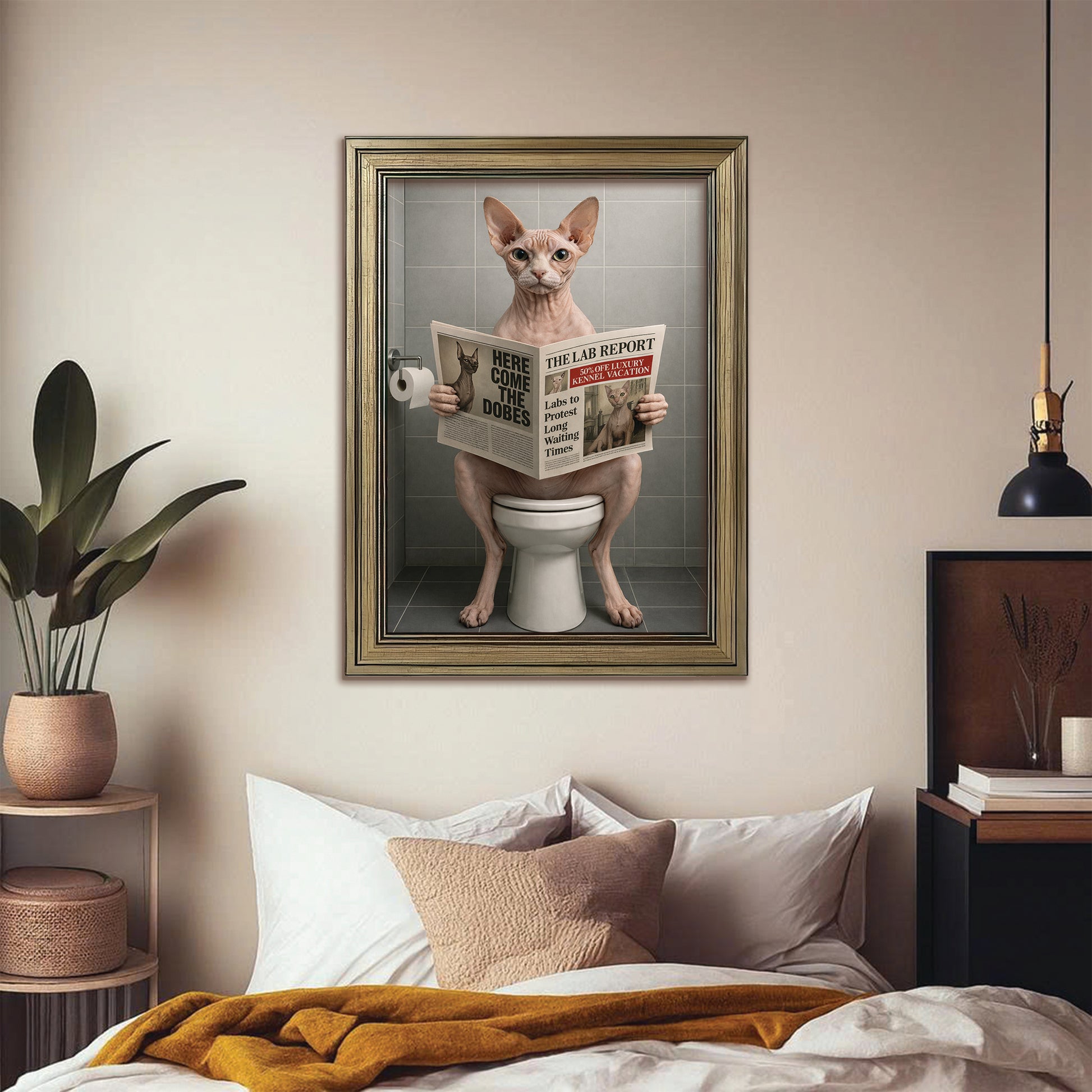 Custom Photo Cat Bathroom Canvas Framed Wall Art Style 03 Gift For Cat Lovers