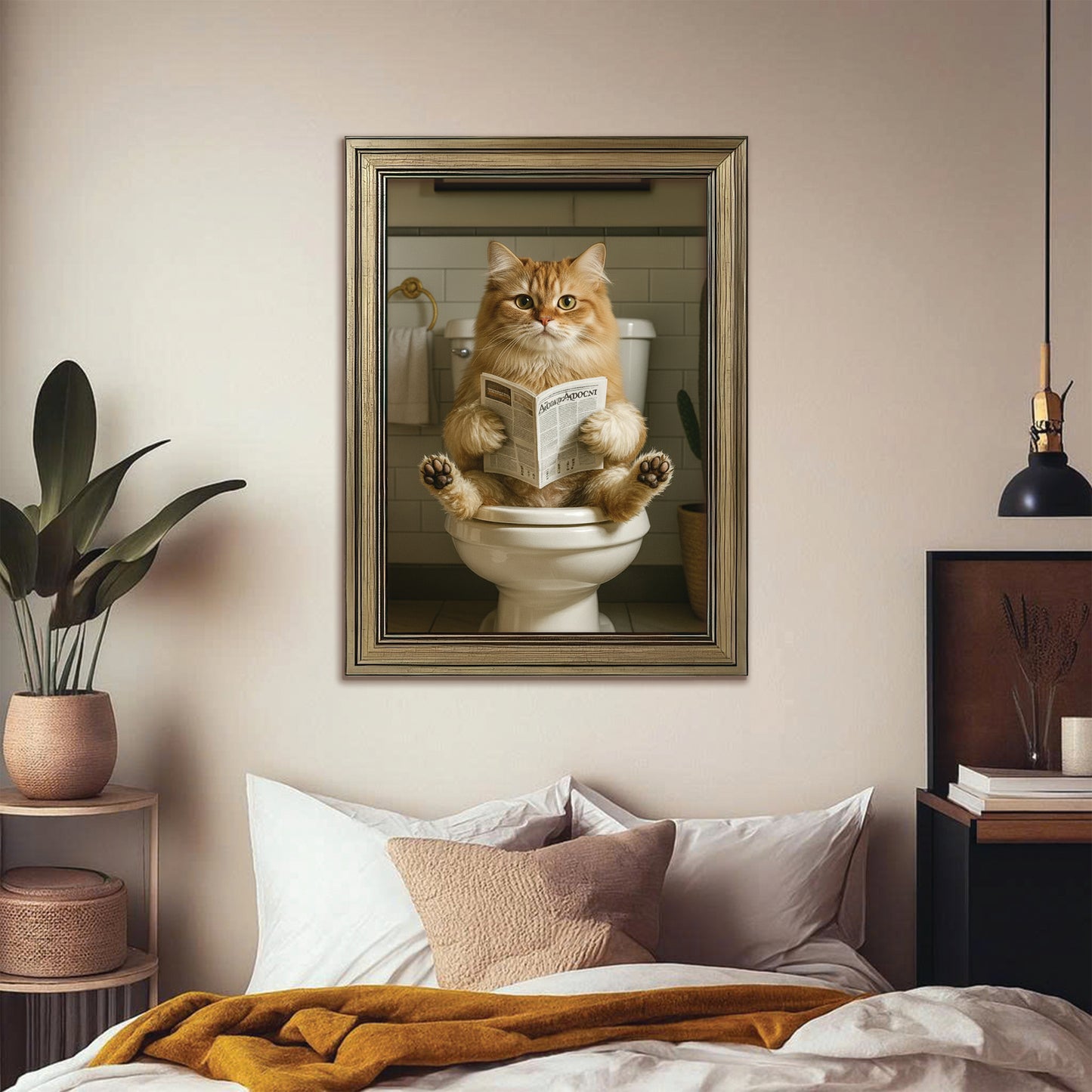 Custom Photo Cat Bathroom Style Canvas Framed Wall Art Gift For Cat Lovers