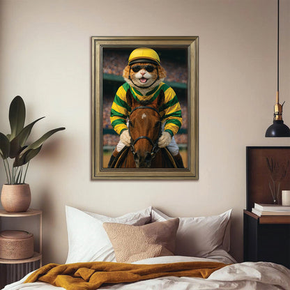 Custom Photo Jockey Horse Racing Cat Canvas Framed Wall Art  Gift For Cat Lovers