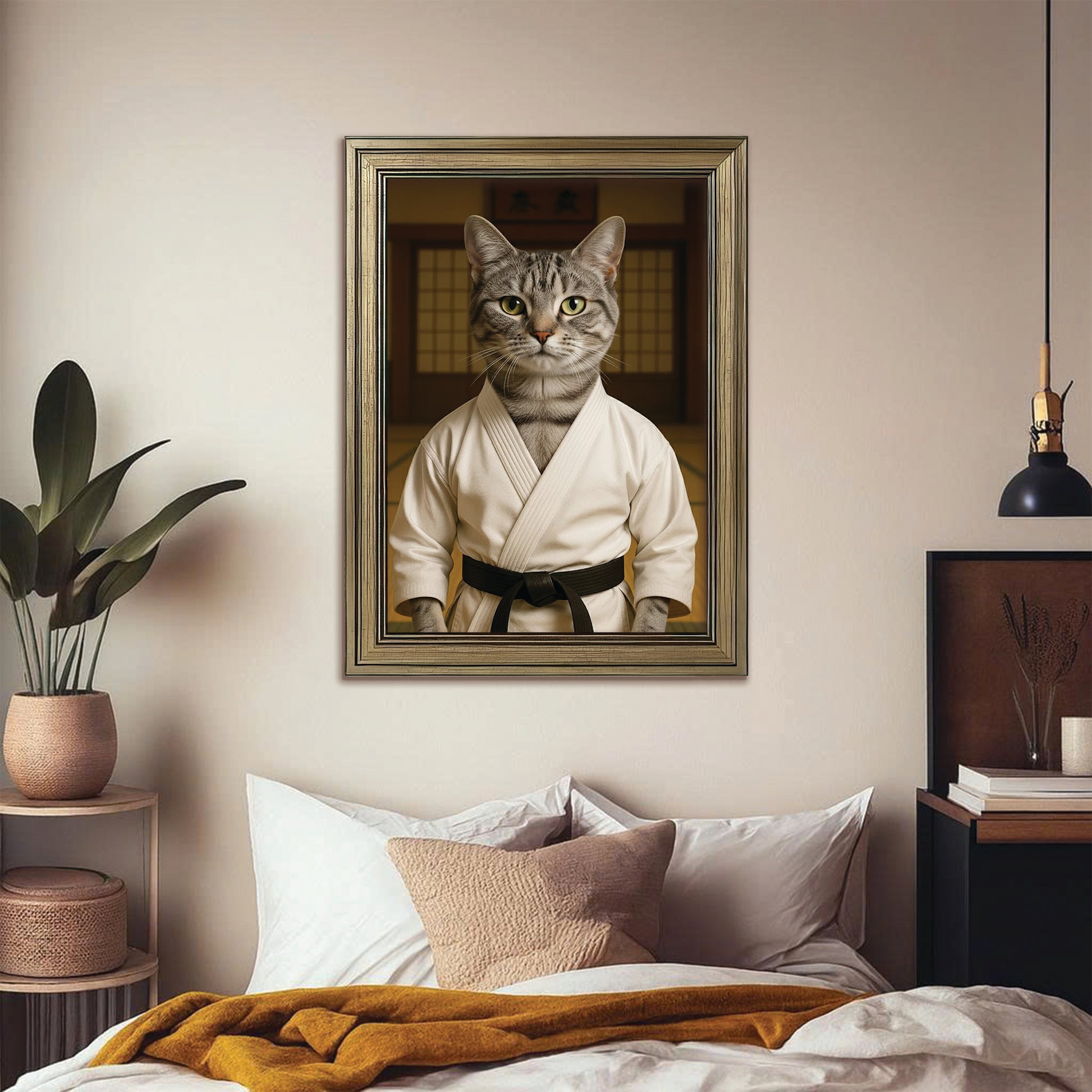 Custom Photo Karate Cat Canvas Framed Wall Art  Gift For Cat Lovers