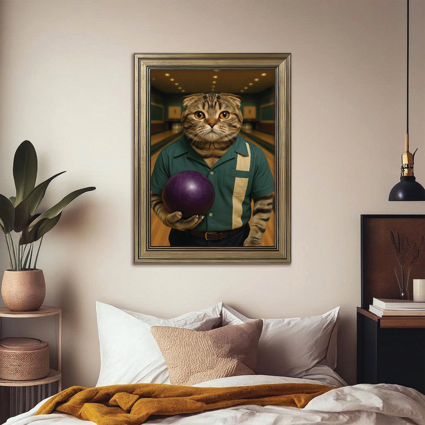 Custom Photo Bowling Cat Canvas Framed Wall Art Gift For Cat Lovers