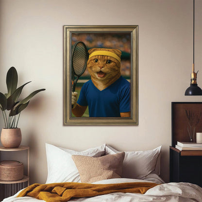 Custom Photo Tennis Player Cat Canvas Framed Wall Art Gift For Cat Lovers