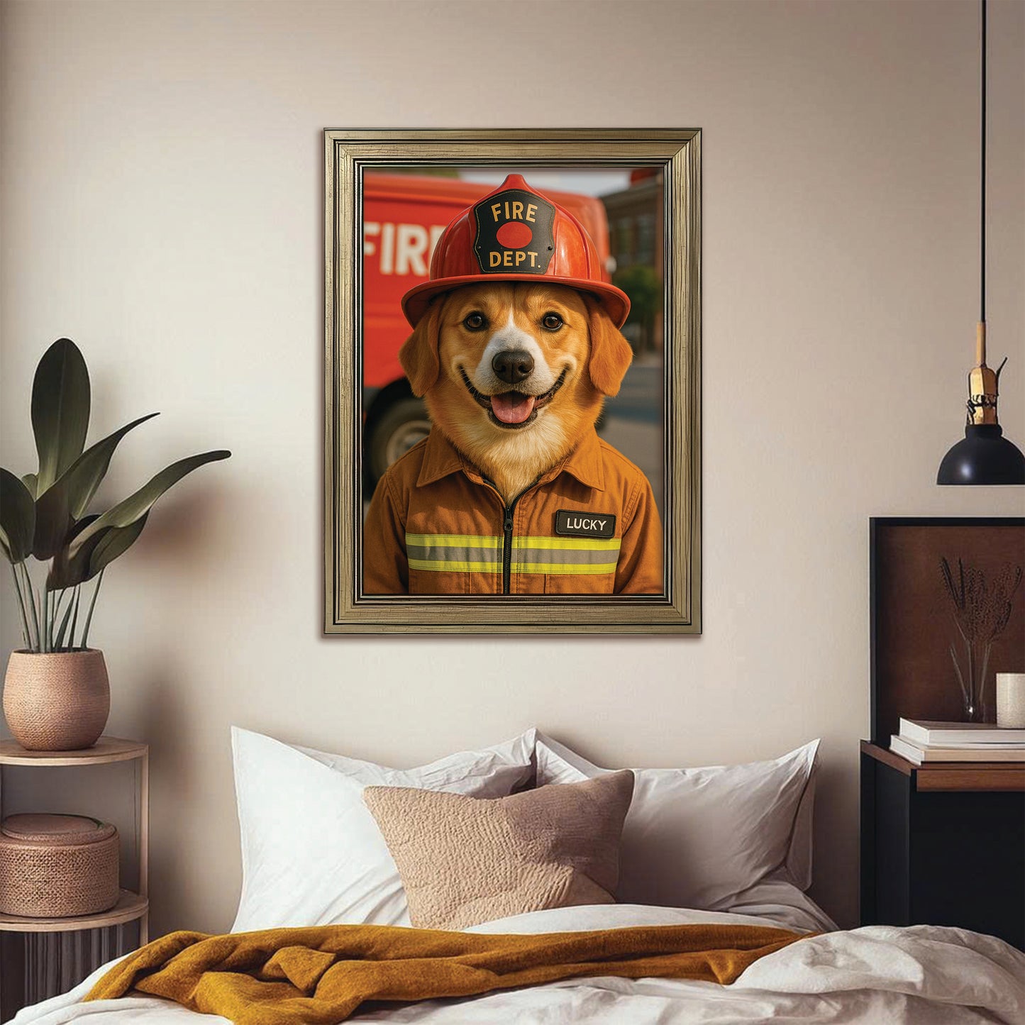 Custom Photo Fire Fighter Dog Canvas Framed Wall Art Gift For Dog Lovers