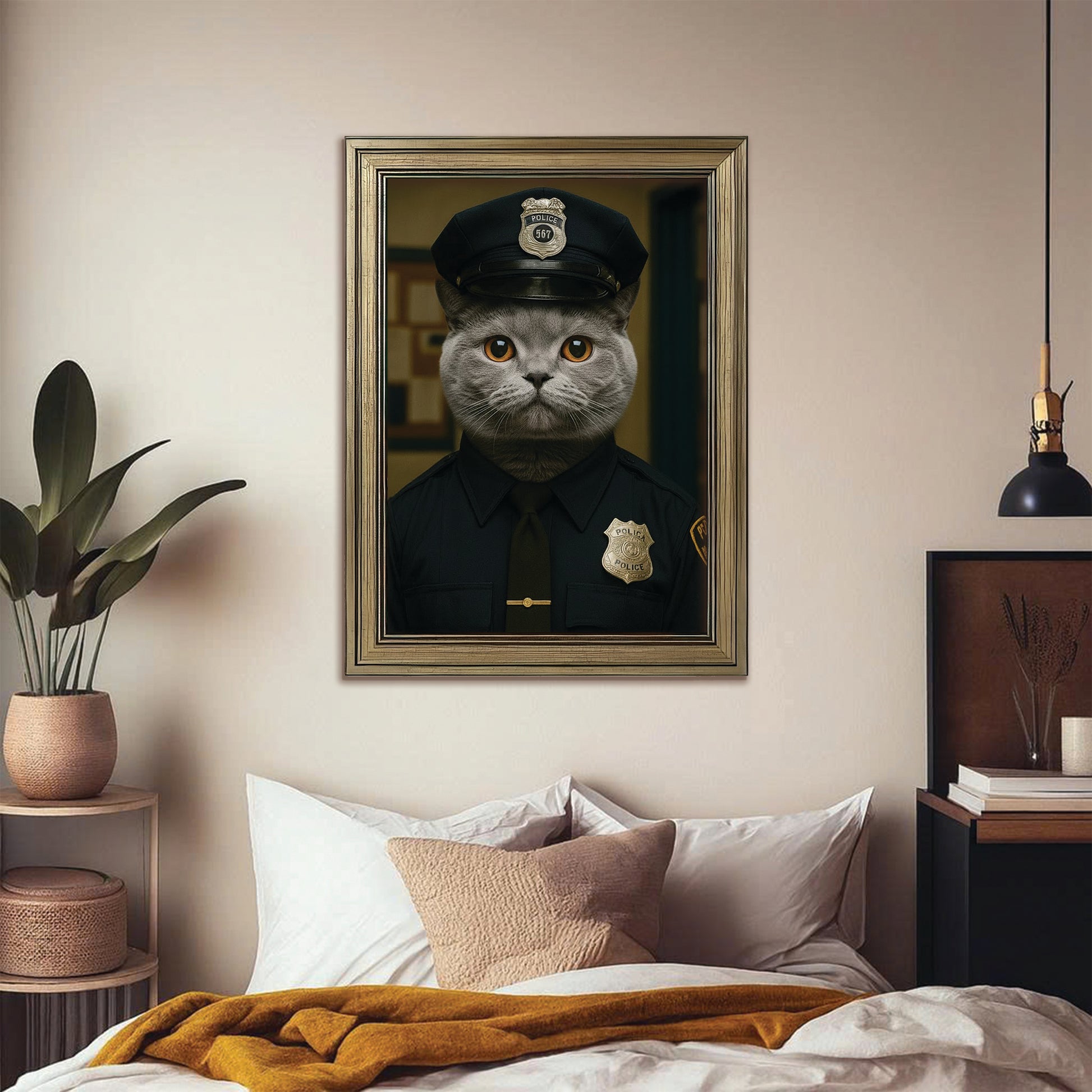 Custom Photo Police Cat Canvas Framed Wall Art  Gift For Cat Lovers