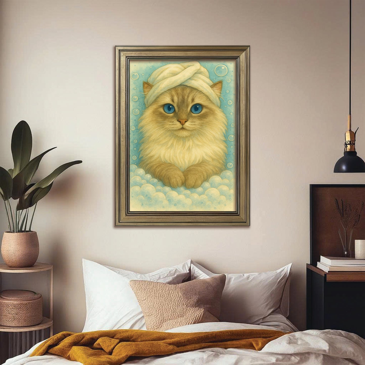 Custom Cat Potrait In Bathroom Canvas Framed Wall Art