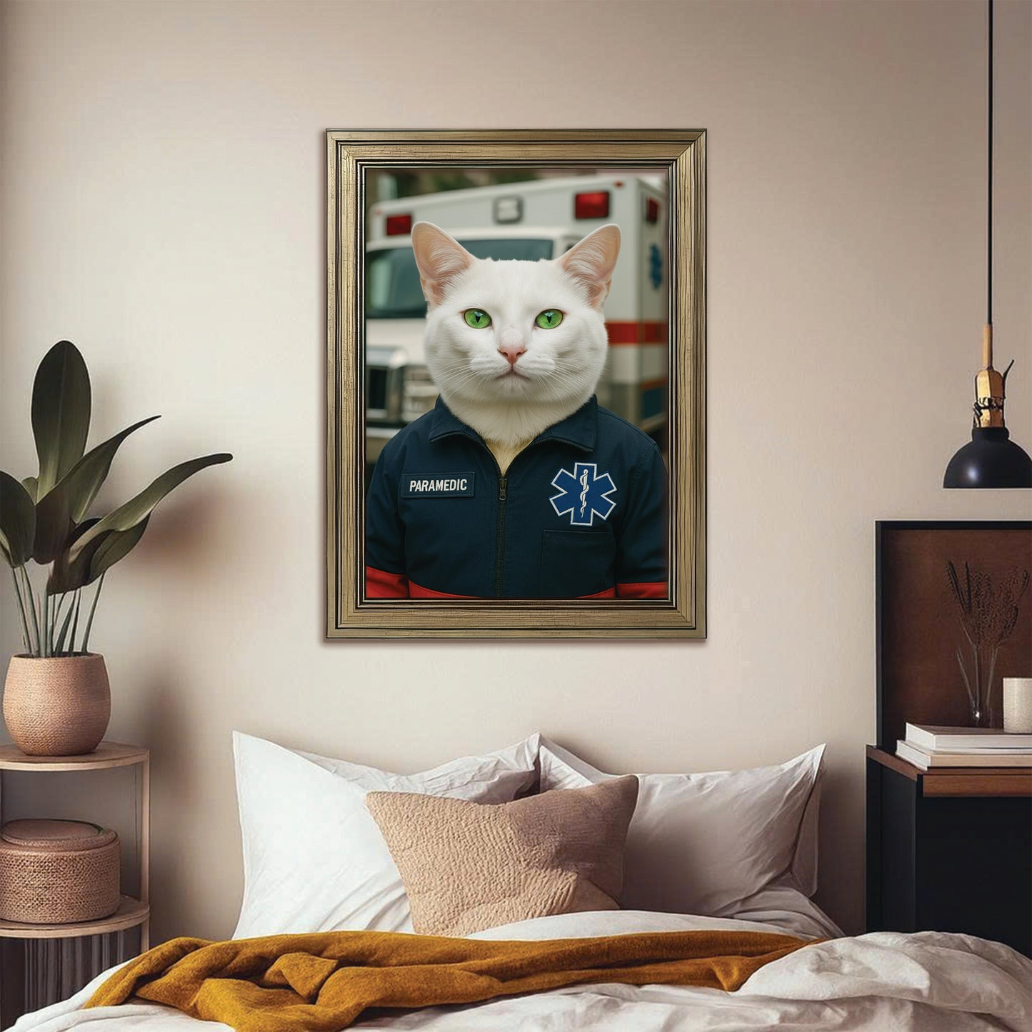 Custom Photo Paramedic Emt Cat Canvas Framed Wall Art Gift For Cat Lovers