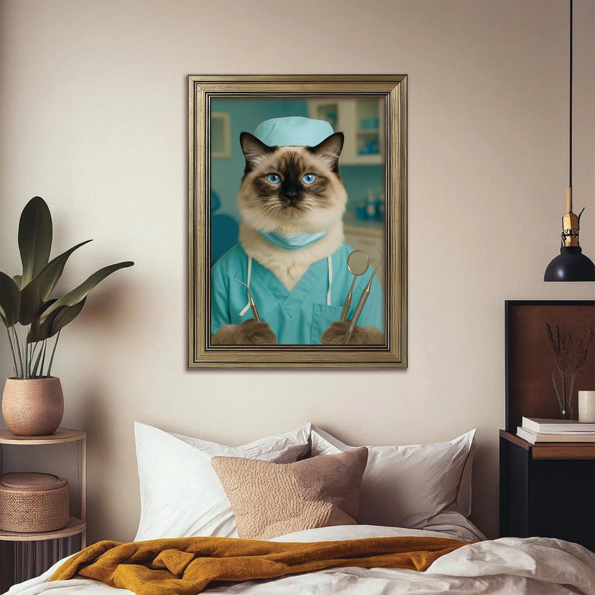 Custom Photo Dentist Cat Canvas Framed Wall Art Gift For Cat Lover