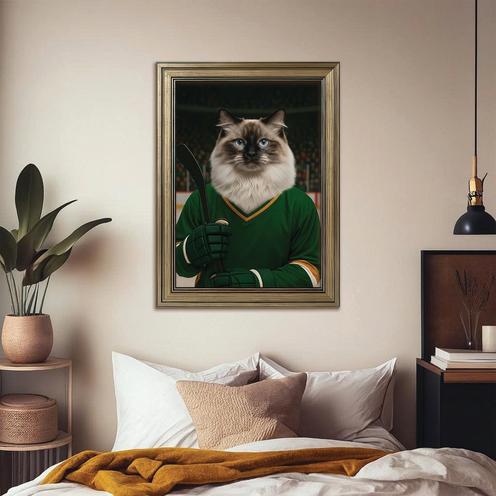 Custom Photo Hockey Player Cat Canvas Framed Wall Art  Gift For Cat Lovers