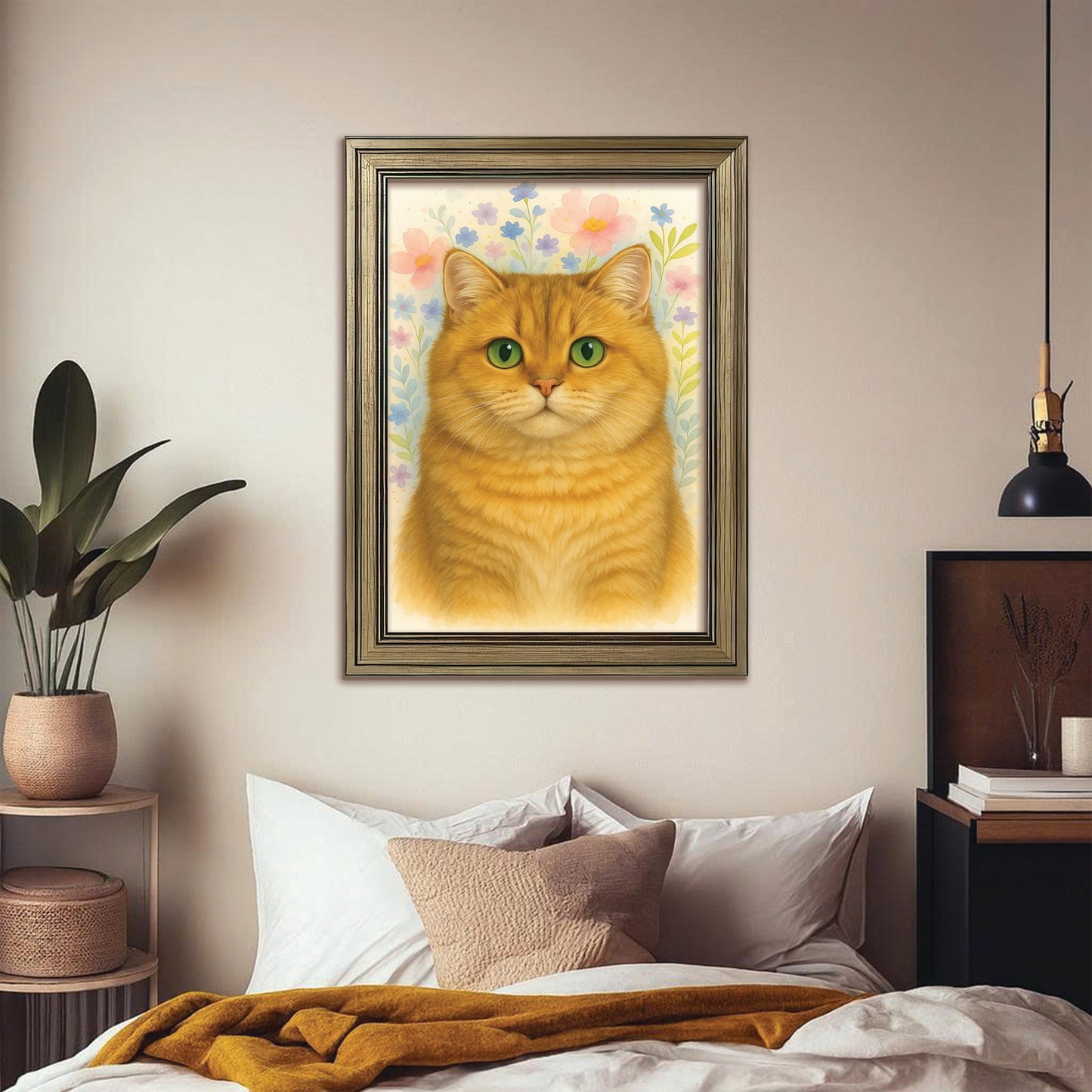 Custom Photo Cat Floral Watercolor Art Canvas Framed Wall Art