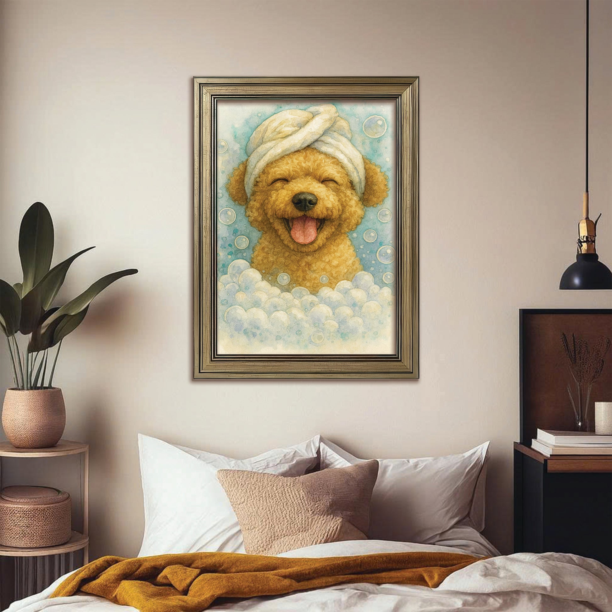 Custom Dog Potrait In Bathroom Canvas Framed Wall Art