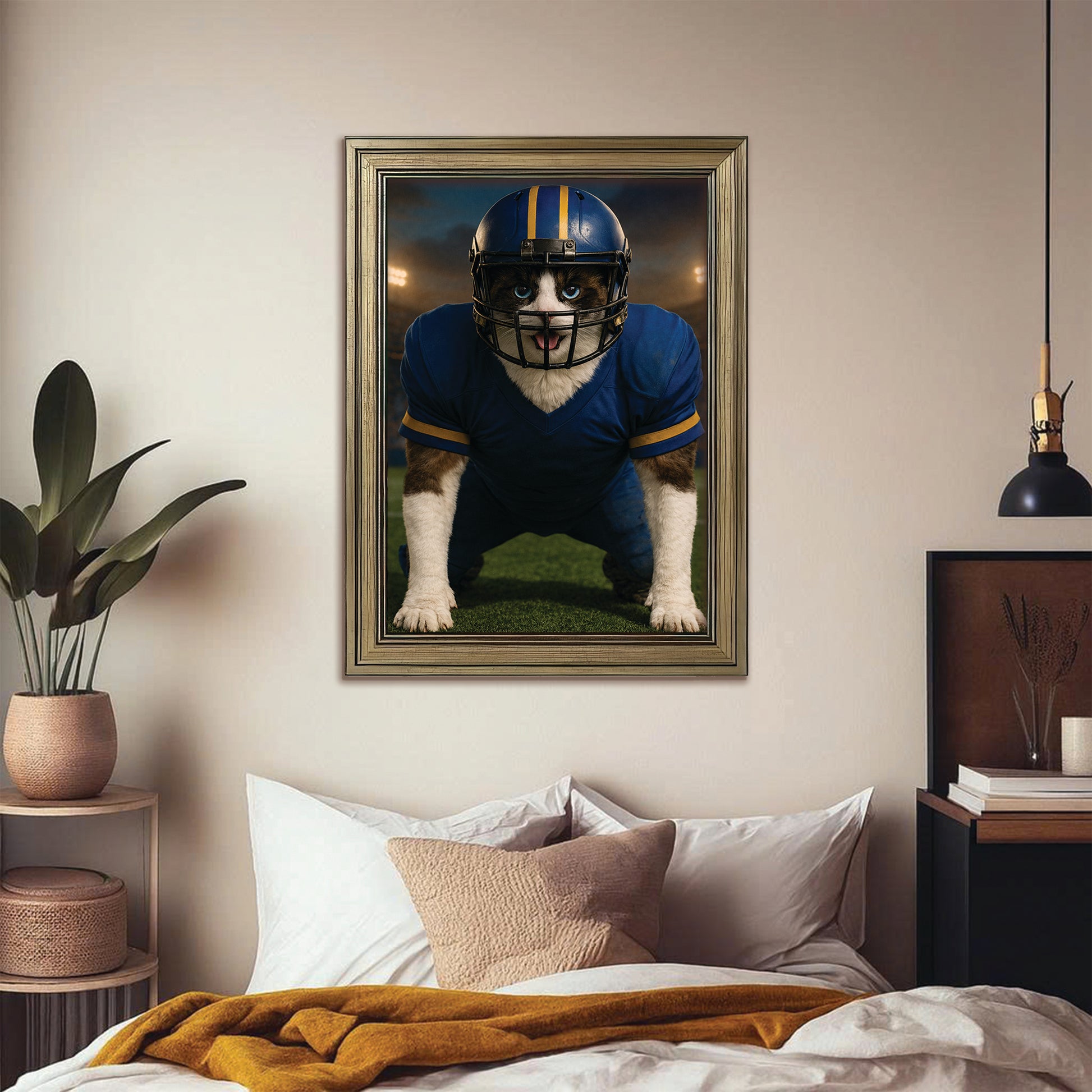 Custom Photo Football Player 2 Cat Canvas Framed Wall Art  Gift For Cat Lovers