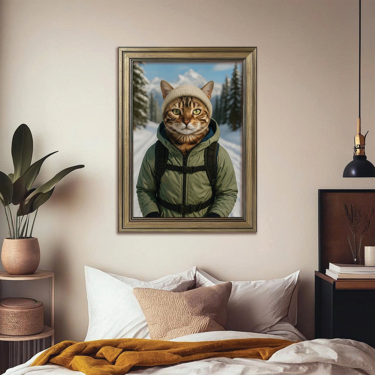 Custom Photo Winter Hiker Cat Canvas Framed Wall Art Gift For Cat Lovers