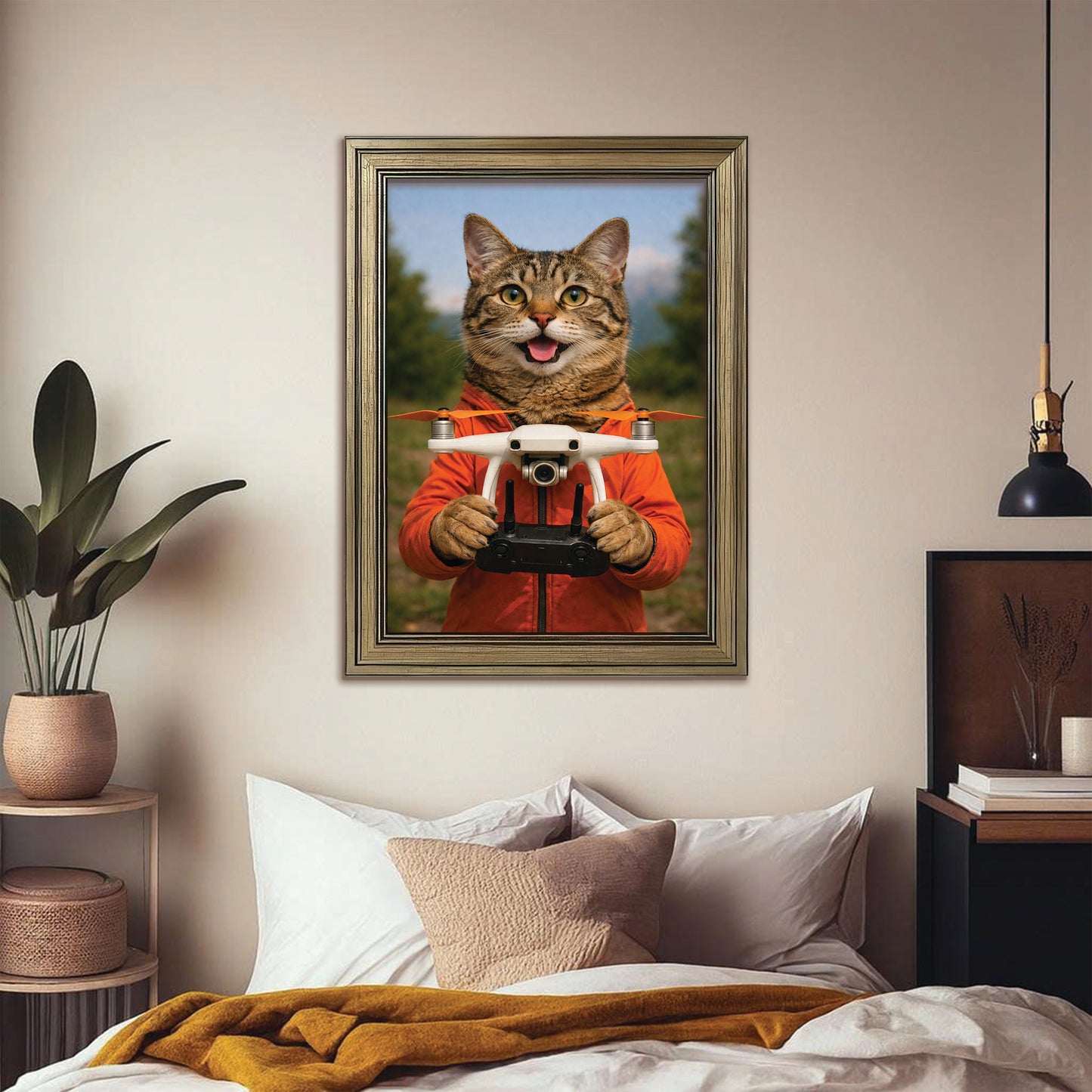 Custom Photo Drone Pilot Cat Canvas Framed Wall Art  Gift For Cat Lovers